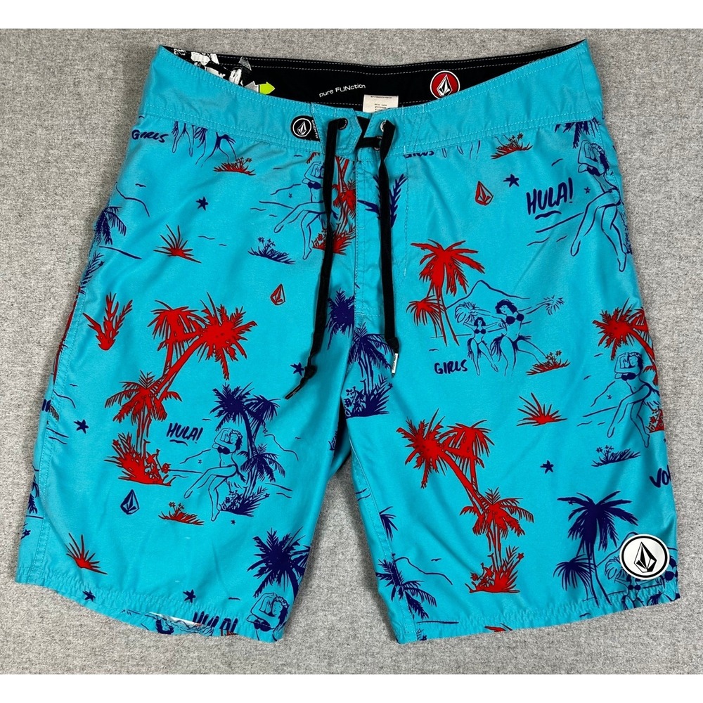 Volcom Board Shorts Mens 34x10 Blue Hula Girl Tropical Swim Trunks